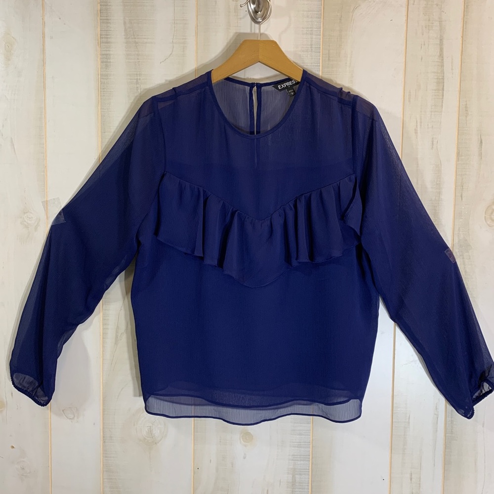 Express Navy Blue Sheer Ruffle Blouse Top Large